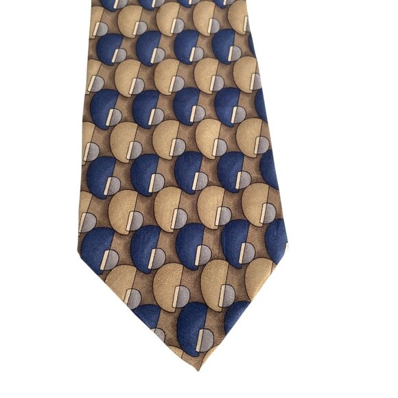 Van Heusen Mens 100% Silk Half-Circle Geometric Pattern Tie Blue Gold 59x3.9in - Picture 2 of 7